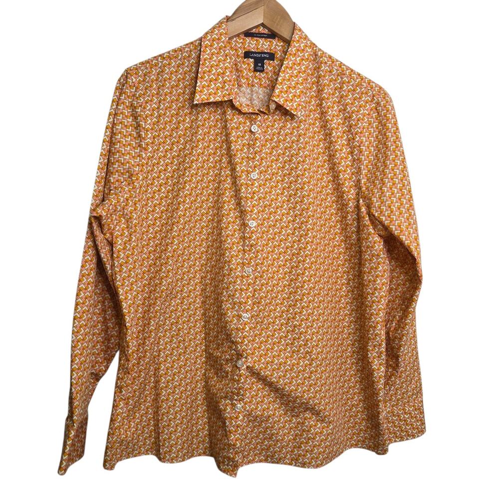 Lands' End Long Sleeve Pink‎ Orange Geometric Button Up Blouse SZ 18 Office